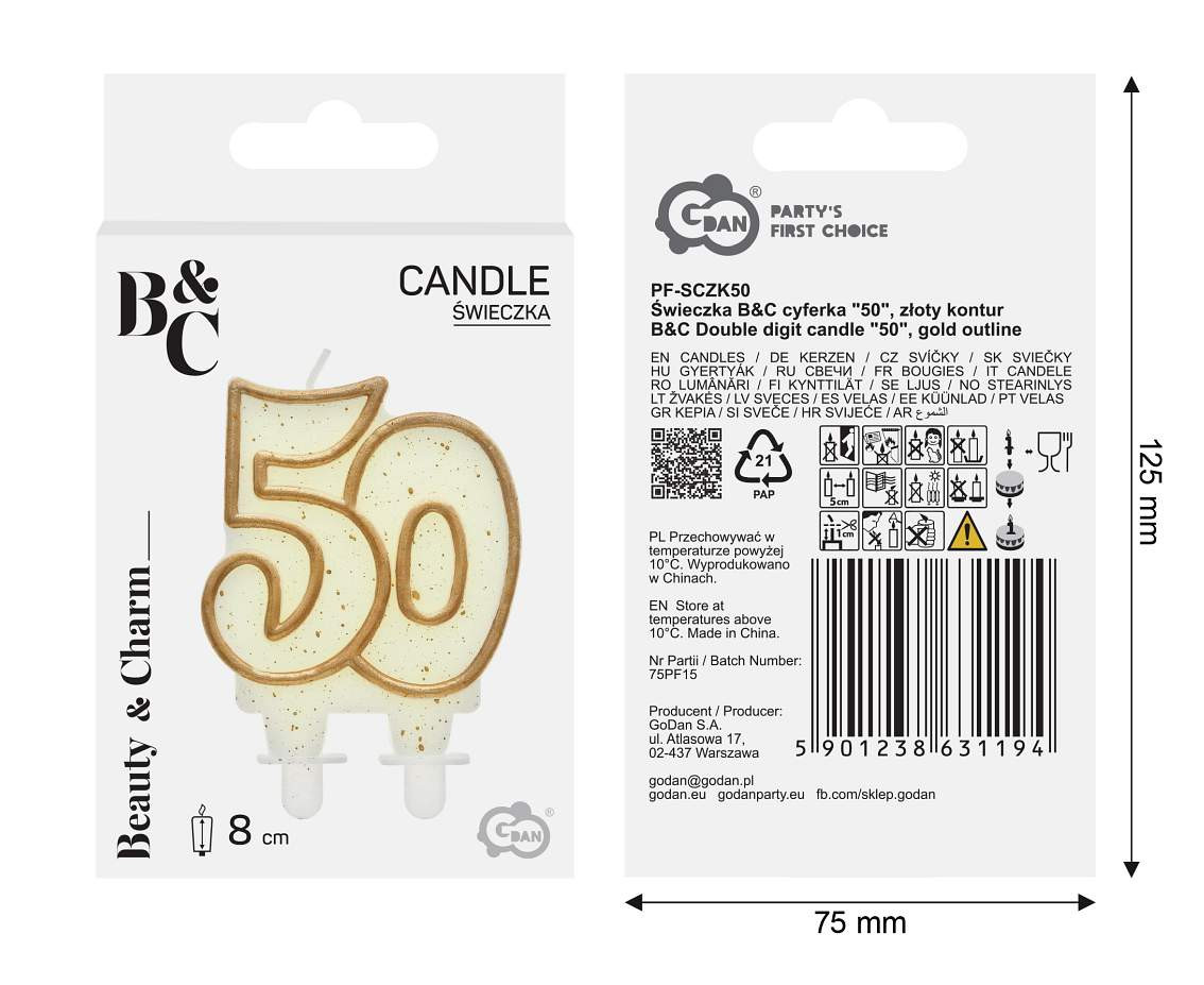 Double digit candle "50", gold outline, 8 cm